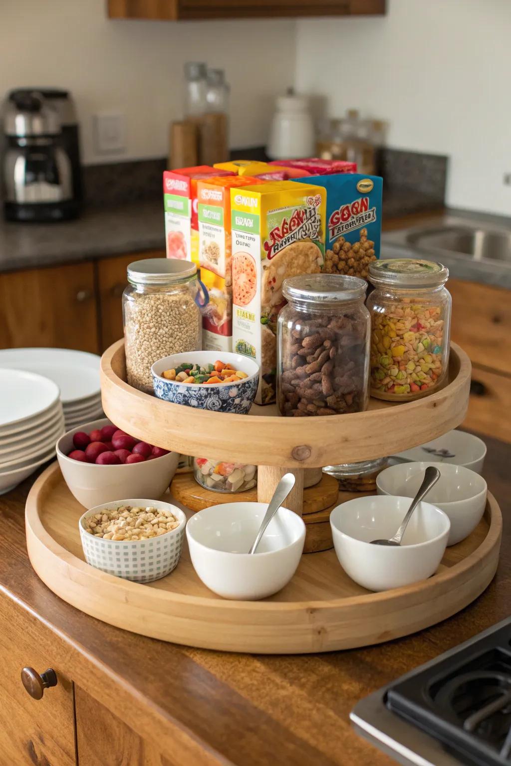 A convenient breakfast nook setup on a rotating tray.