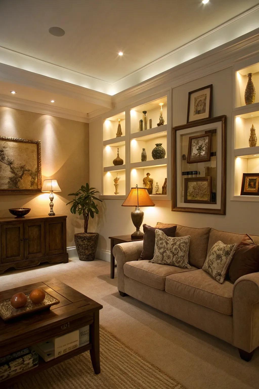 With recessed LED wall niches, achieve a modern touch.
