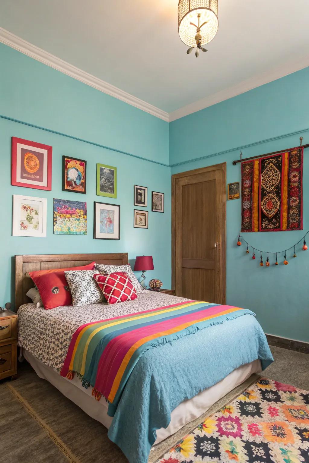 A bedroom showcasing pale blue walls contrasted with bold colors for vibrant energy.