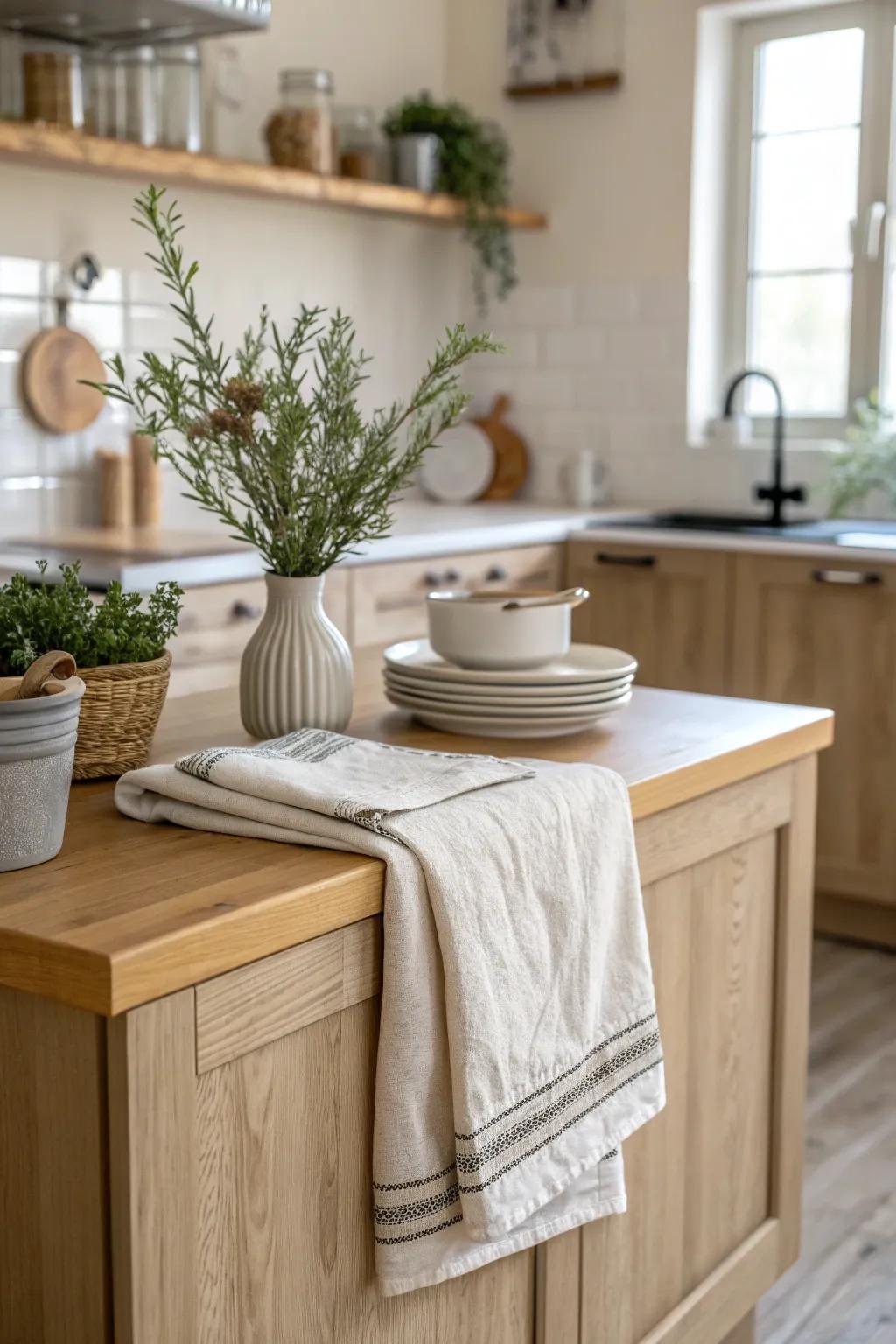 Enhance warmth with comfortable natural cloths in your kitchen decor.