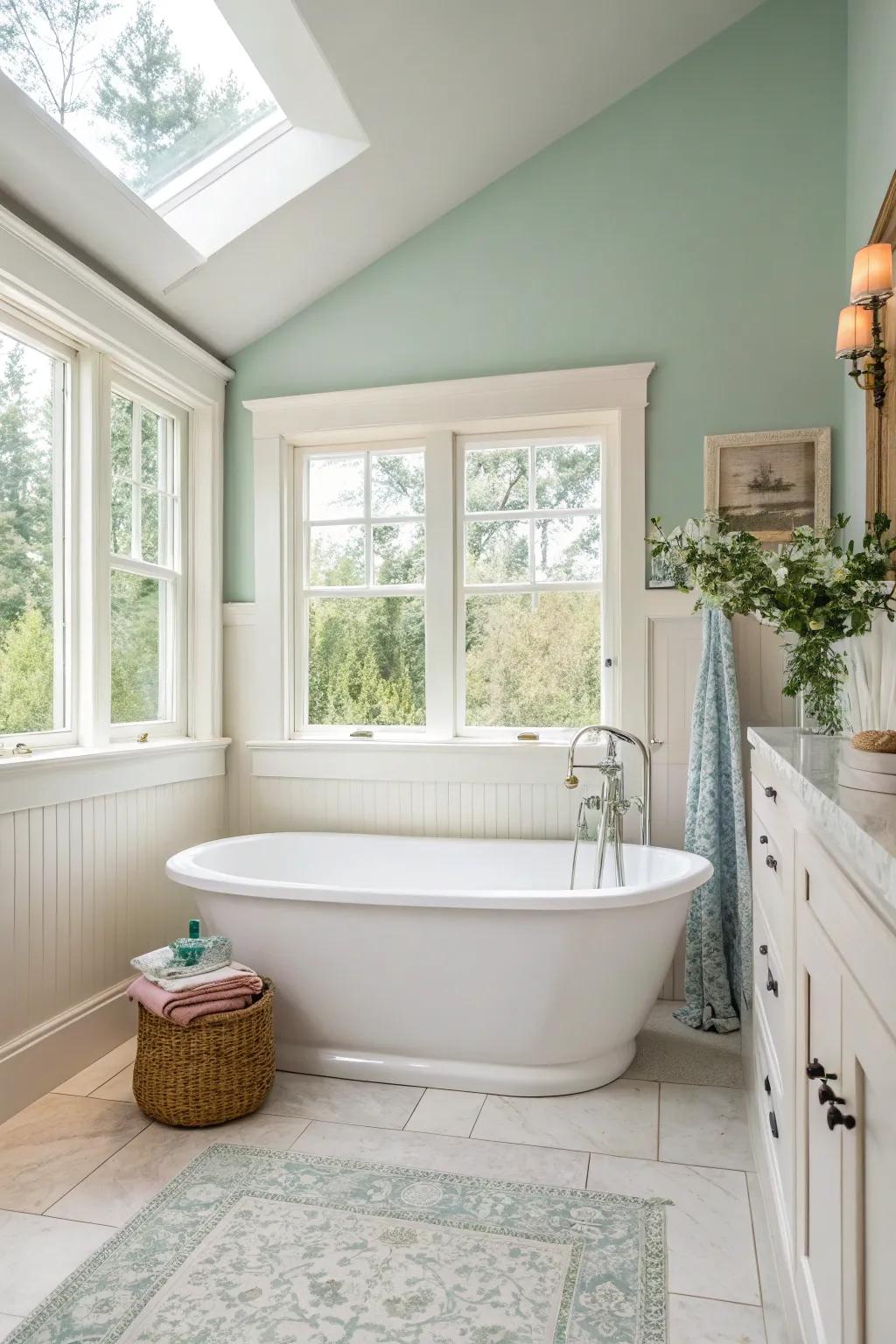 Detached soaking tubs provide elegance and relaxation in a bright bathroom.