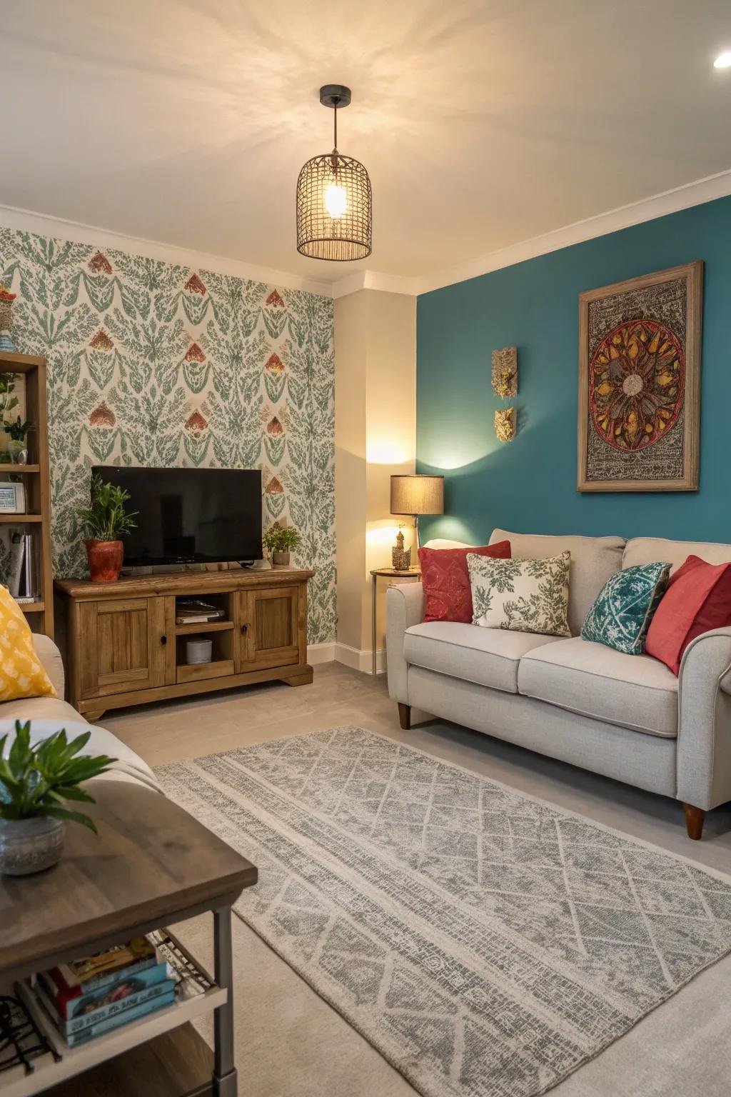 A vibrant living area with light grey flooring and a bold feature wall.