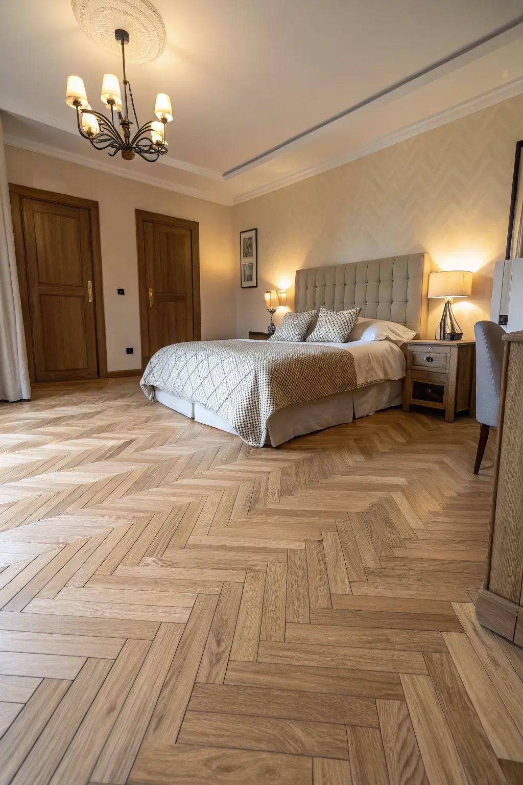 Herringbone patterns adding elegance to pale timber flooring.