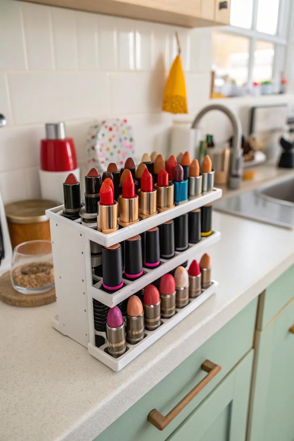 A unique lipstick solution using a spice rack.