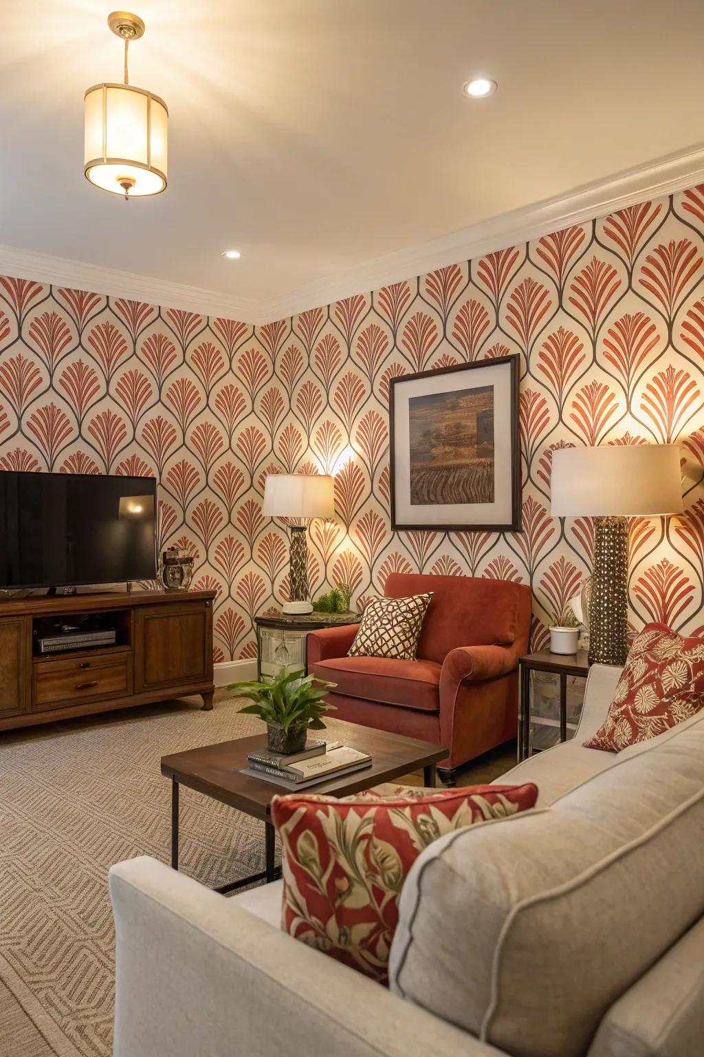 A bold wallpaper transforms this feature wall into a stunning visual centerpiece.