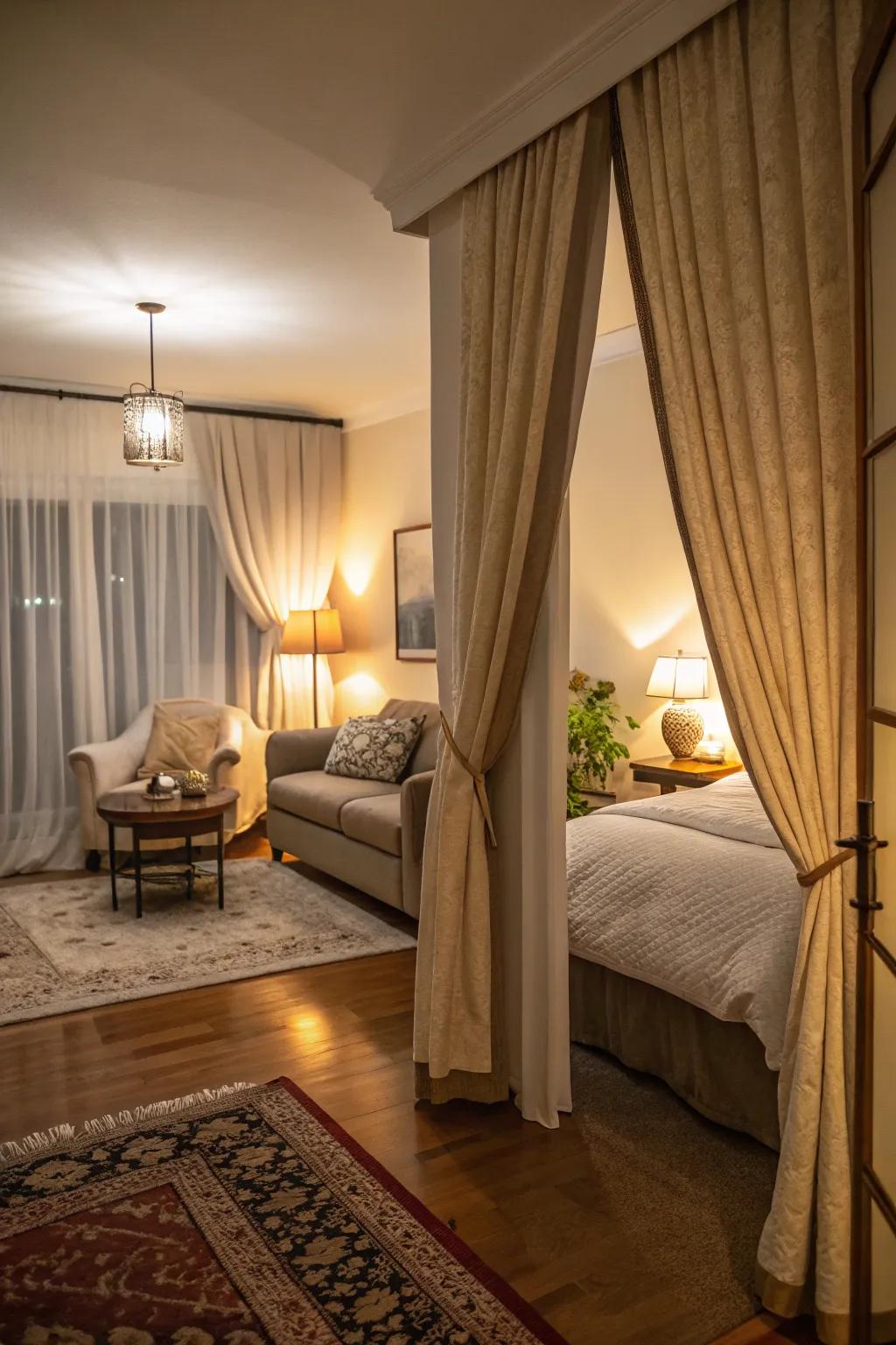 A secluded bed alcove offers privacy and coziness in a shared space.