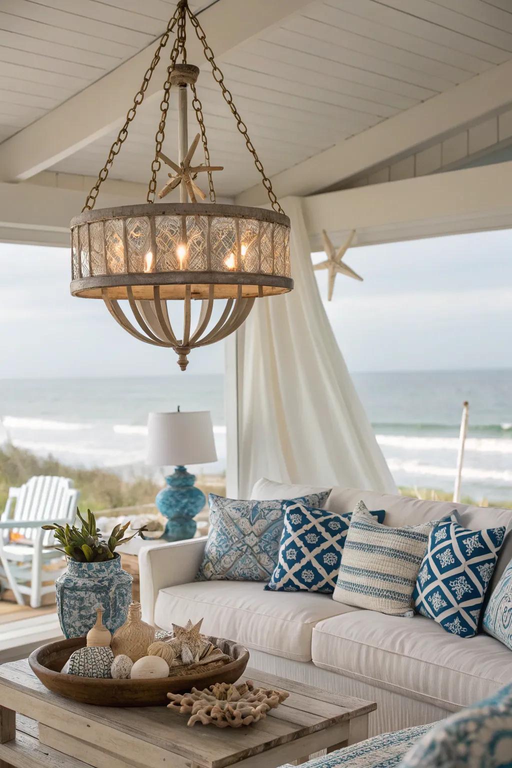 A coastal living room featuring a maritime-themed chandelier.