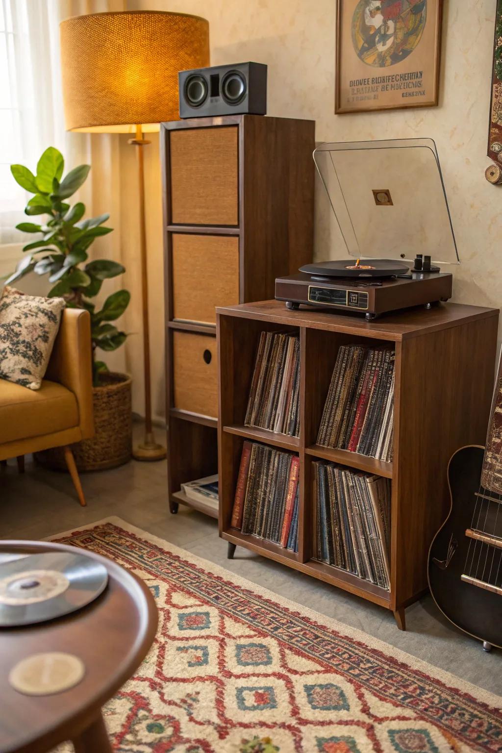 A classic vinyl sanctuary using cube storage for a nostalgic vibe.