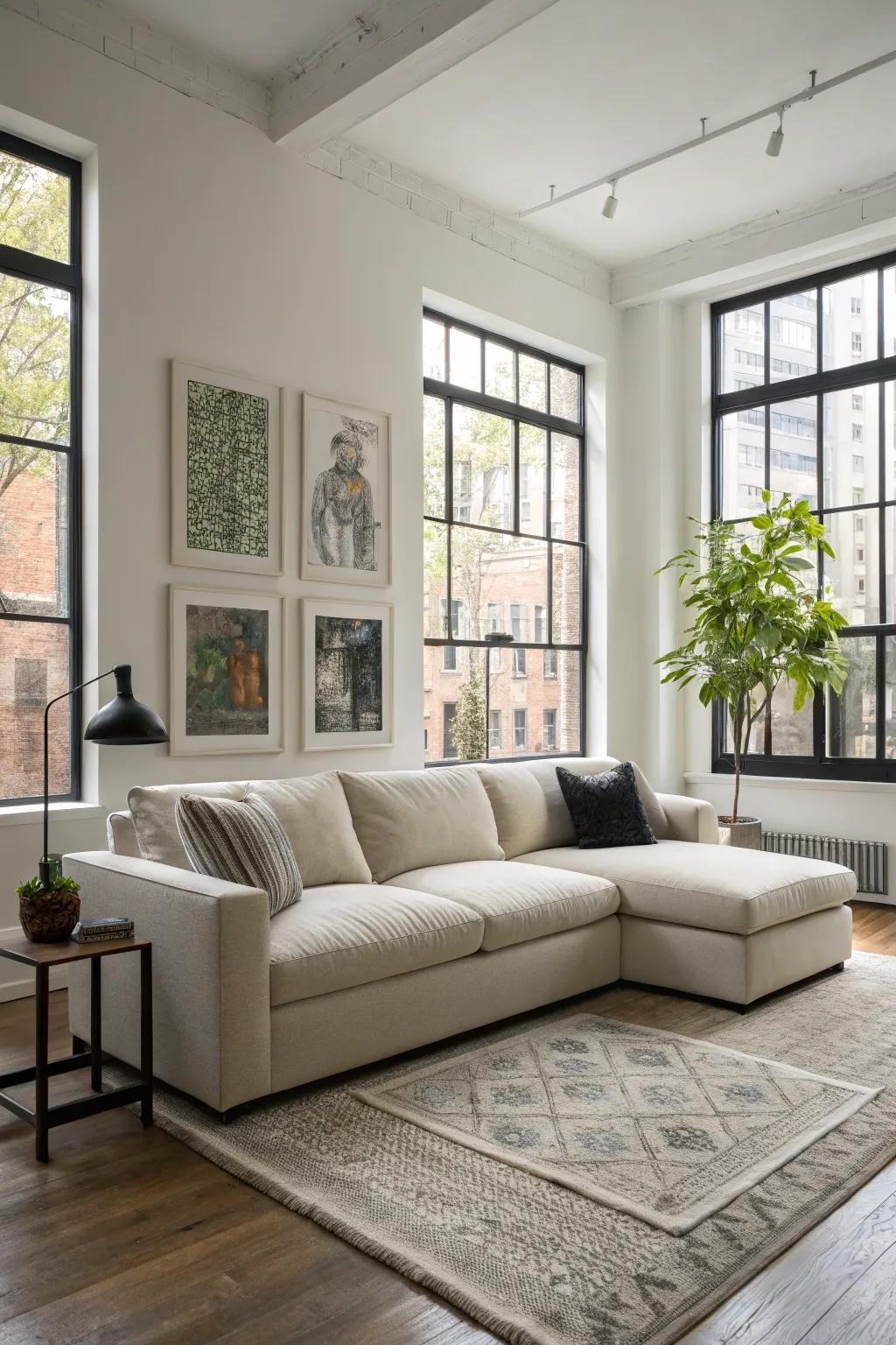 A subdued sectional opens up the living room space.
