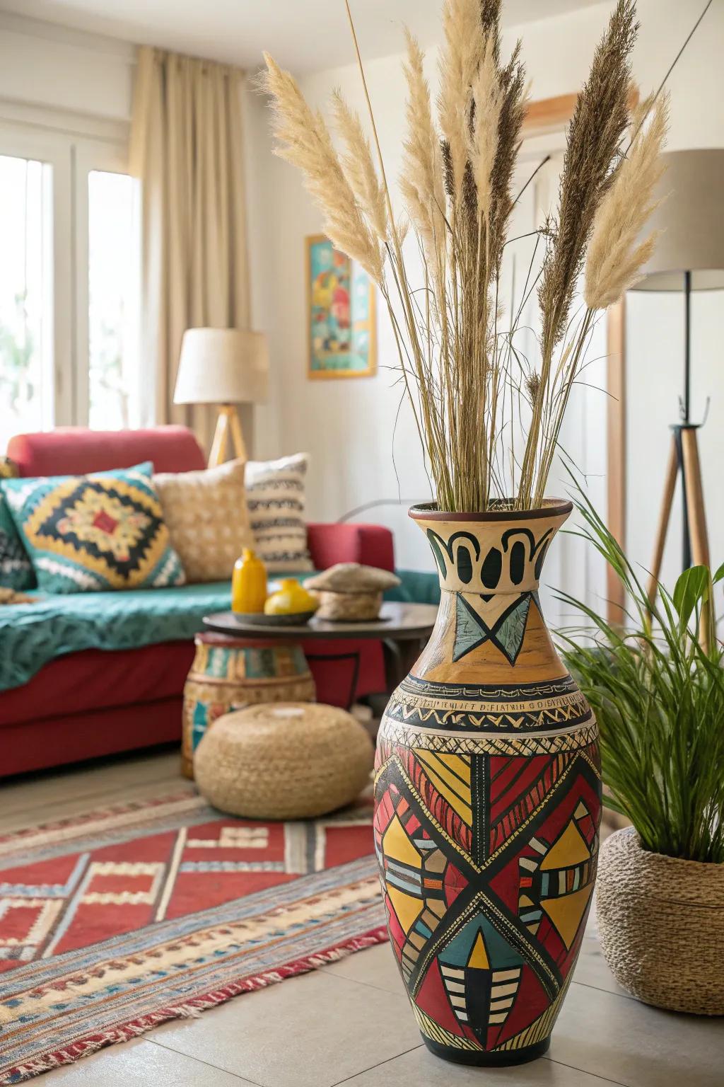 Tribal images on a floor holder infuse the living space with worldwide style.