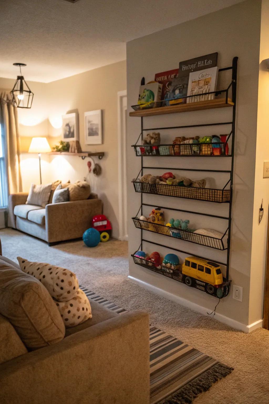Wall-mounted racks keep toys organized and off the ground.