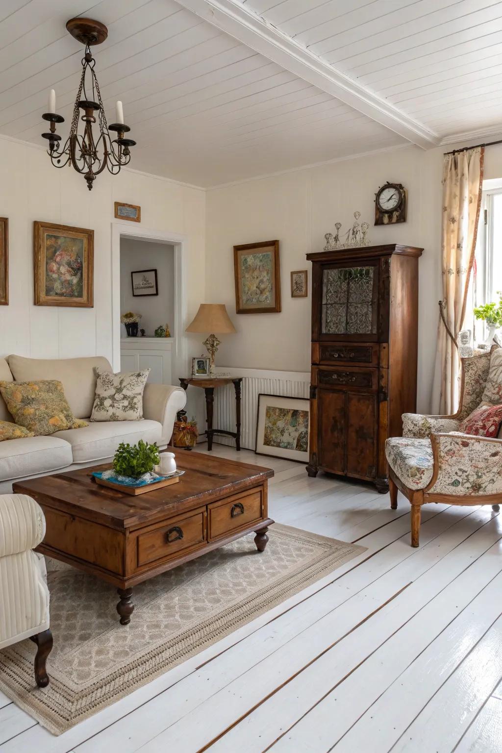 Vintage treasures add warmth and personality to bright hardwood floors.
