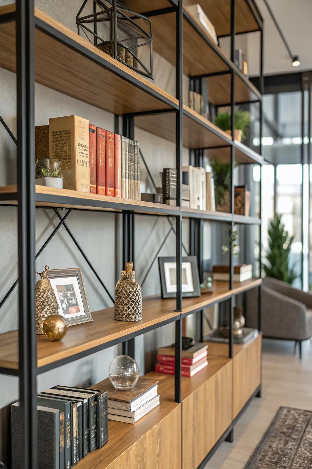 Incorporating mixed materials enriches the depth and textural elements of bookshelves.