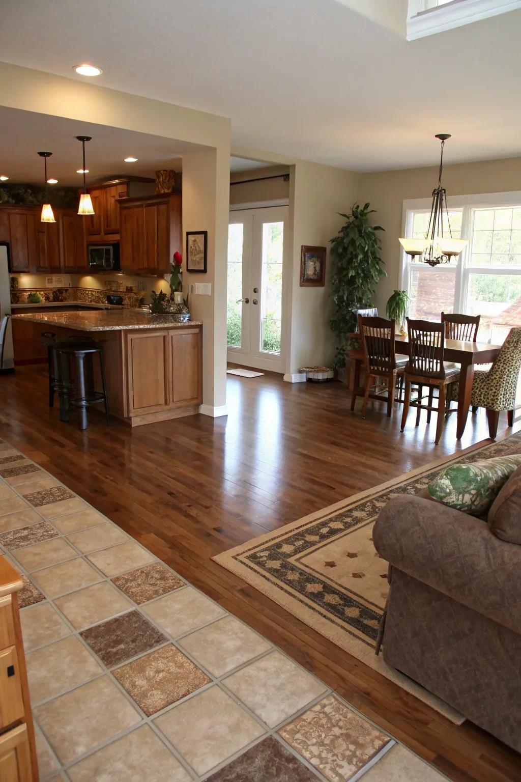 Zoned flooring pattern subtly defines distinct areas within the space.