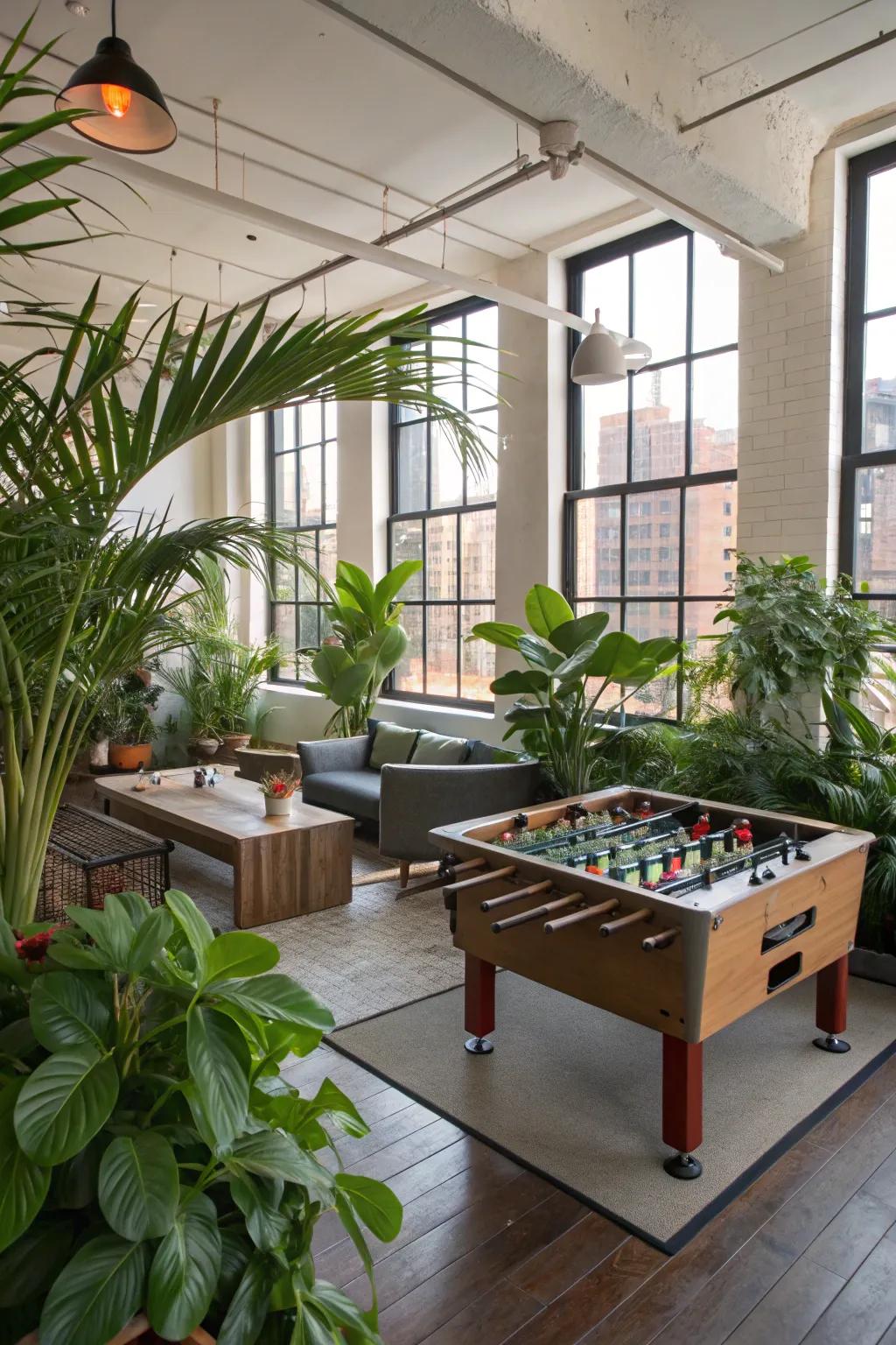 Indoor plants give freshness and a natural feel to the game room.