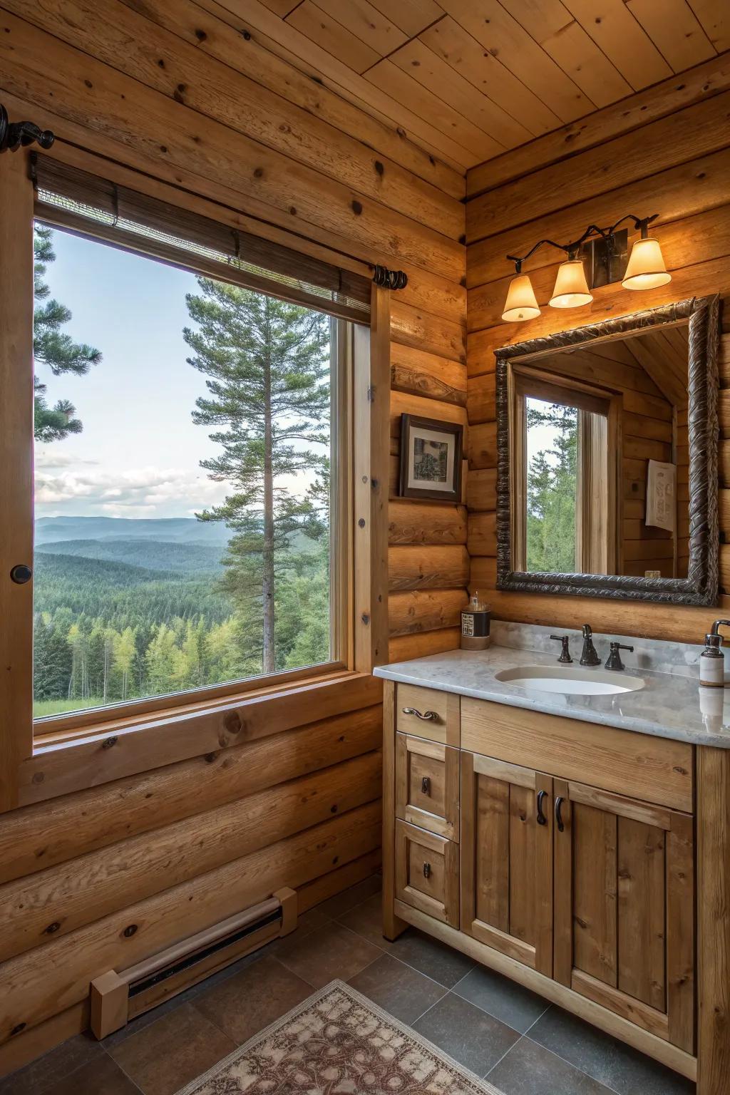 A log cabin bathroom with a large window offering scenic views.