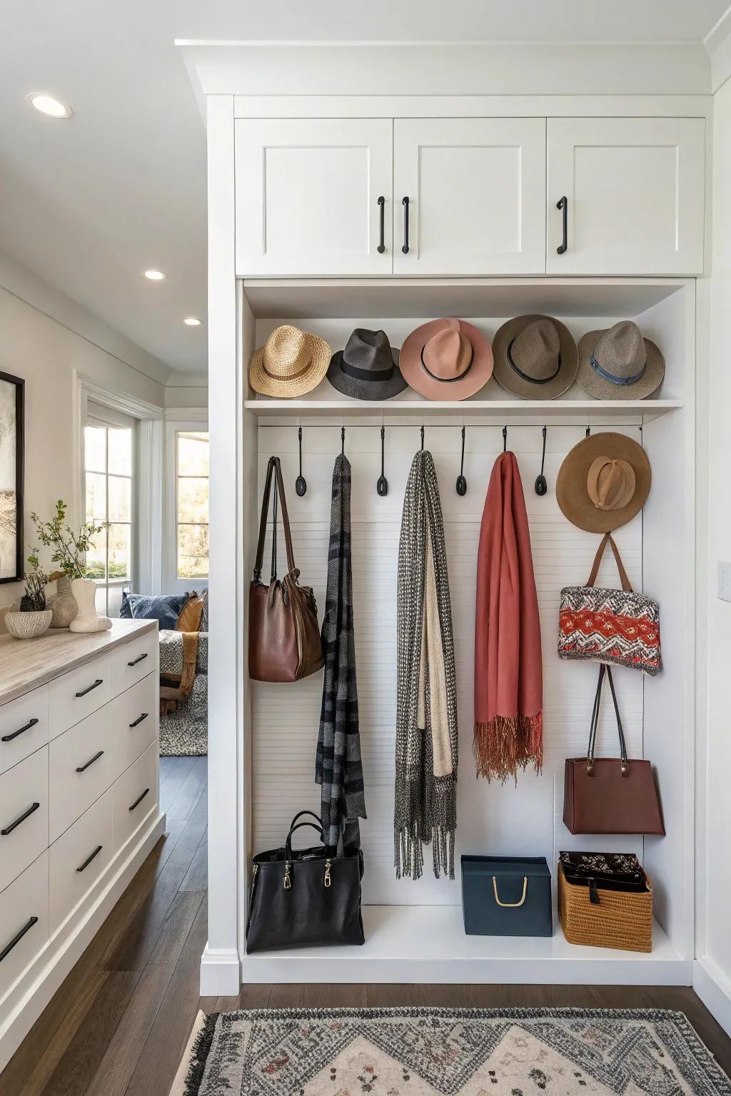 Hooks offer a clever way to organize accessories.