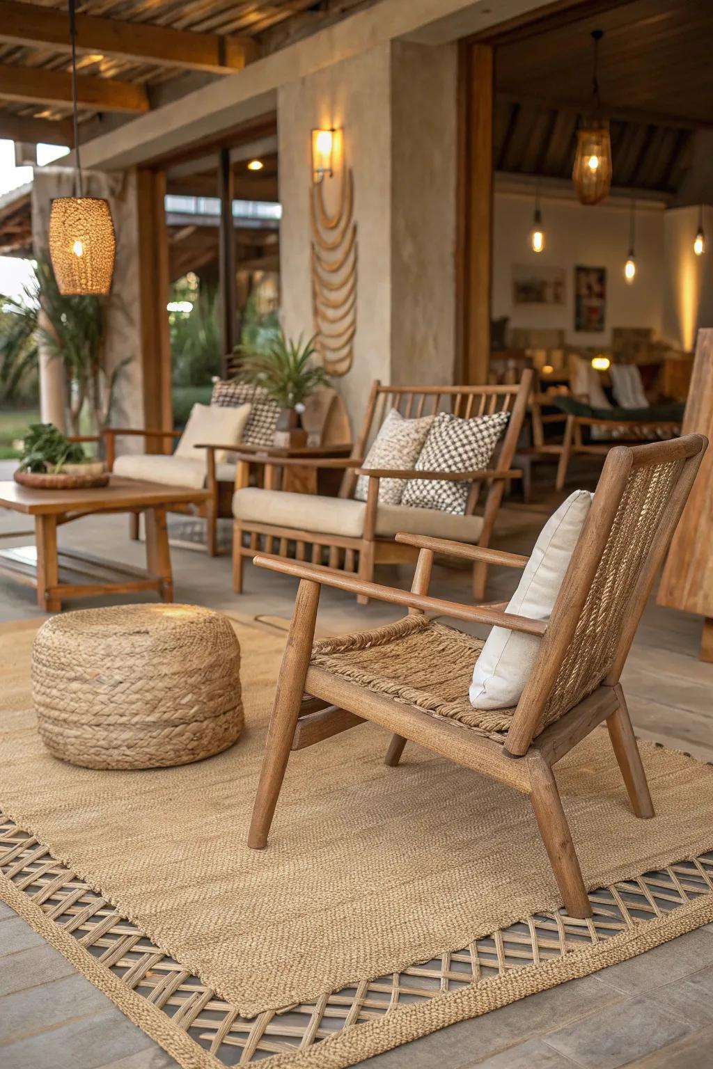 This inviting living room is made warmer and more grounded by the addition of natural textures.