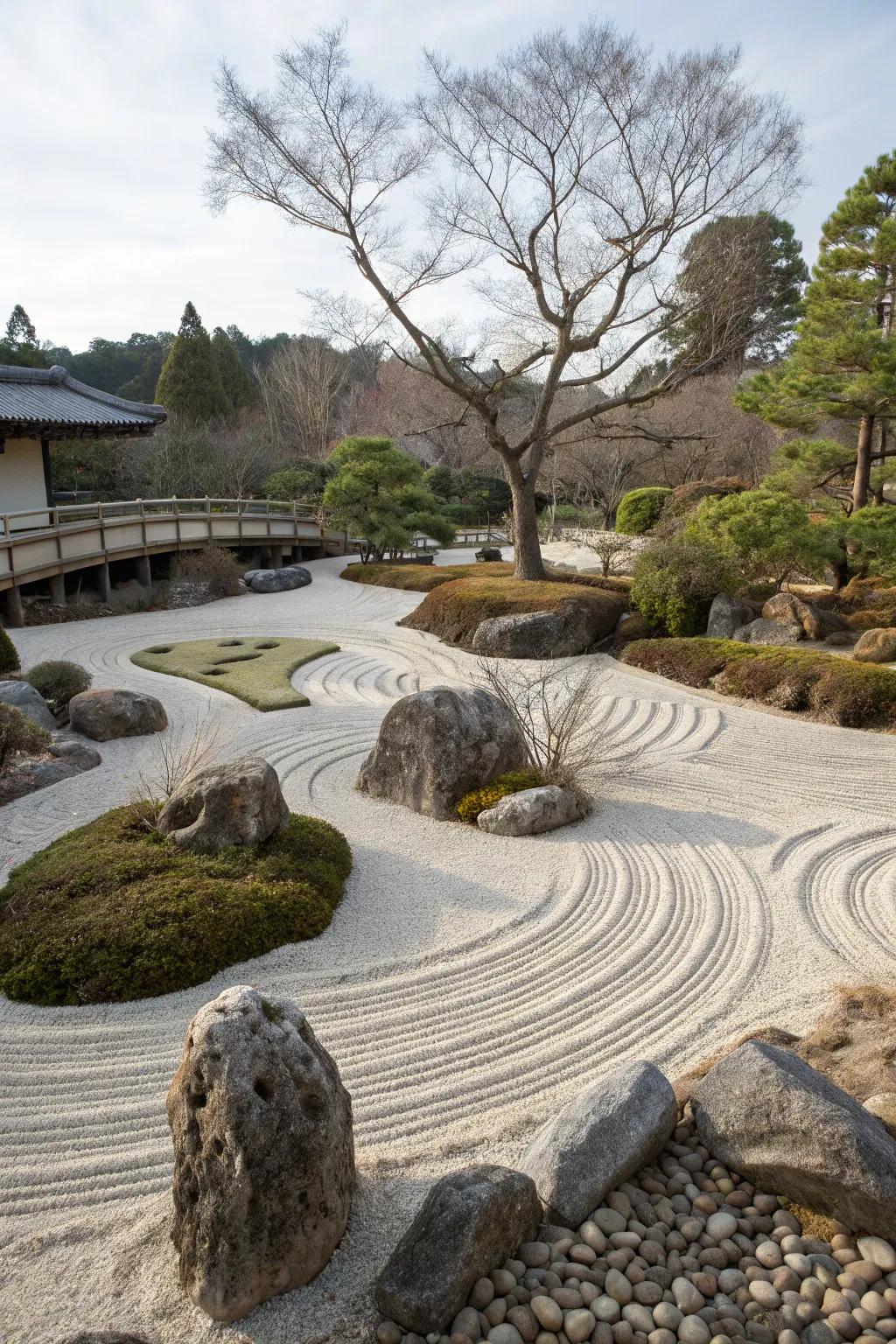 A peaceful Zen garden offering a low-maintenance retreat.