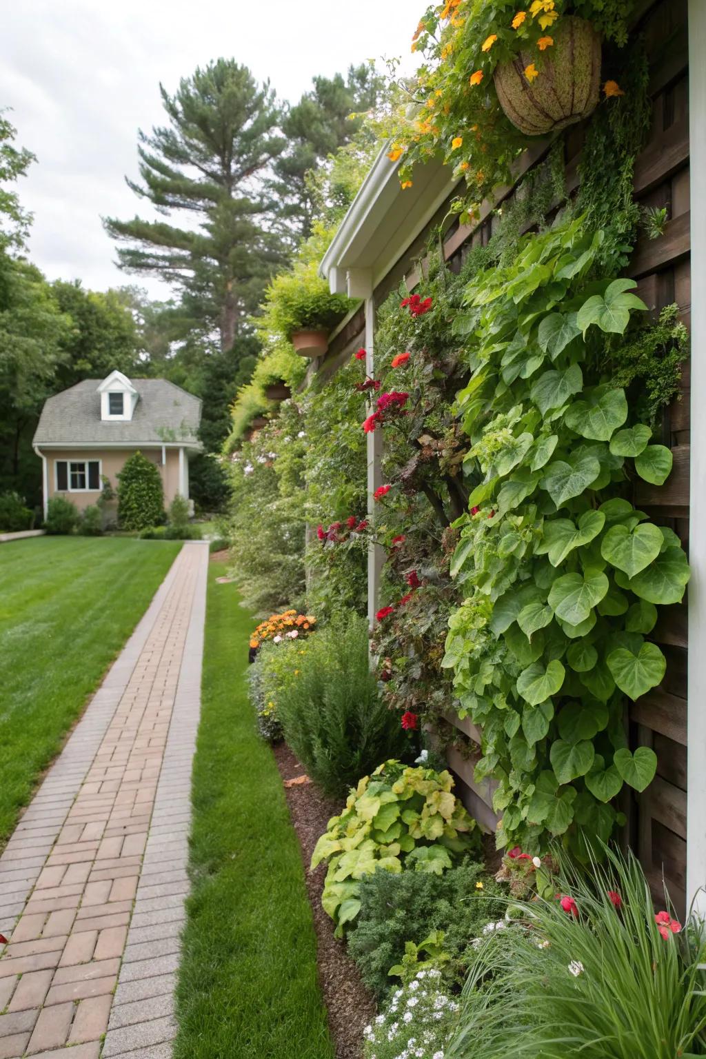 A vertical garden turning a plain wall into a living artwork.