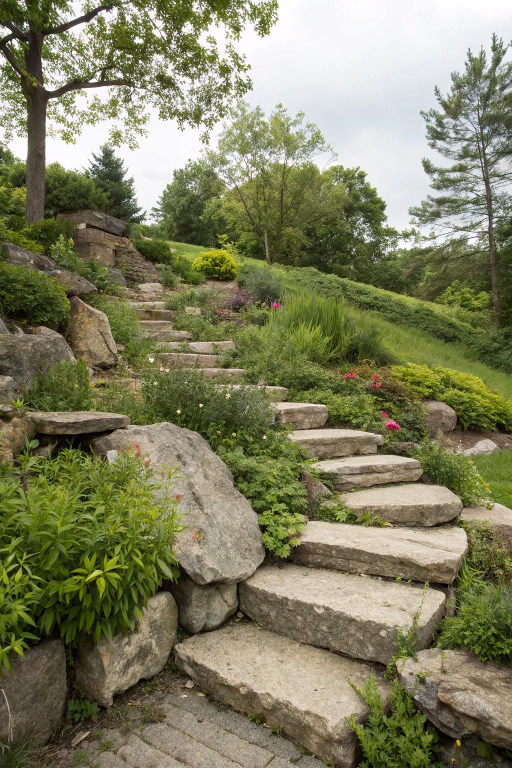 Stone treads offer smooth navigation.