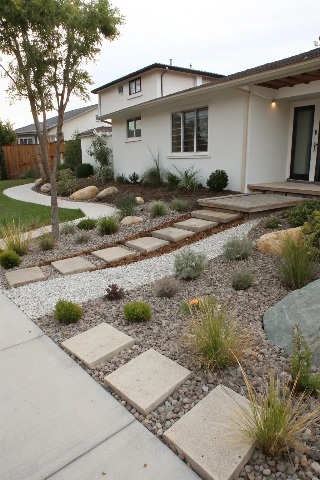 Decorative gravel offers a sleek and simple solution for sloped gardens.