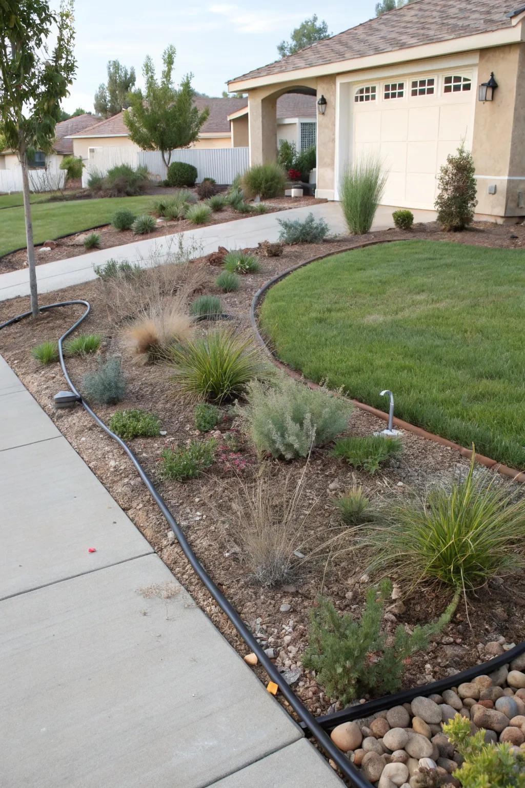 Drip irrigation ensures efficient watering in a xeriscape.