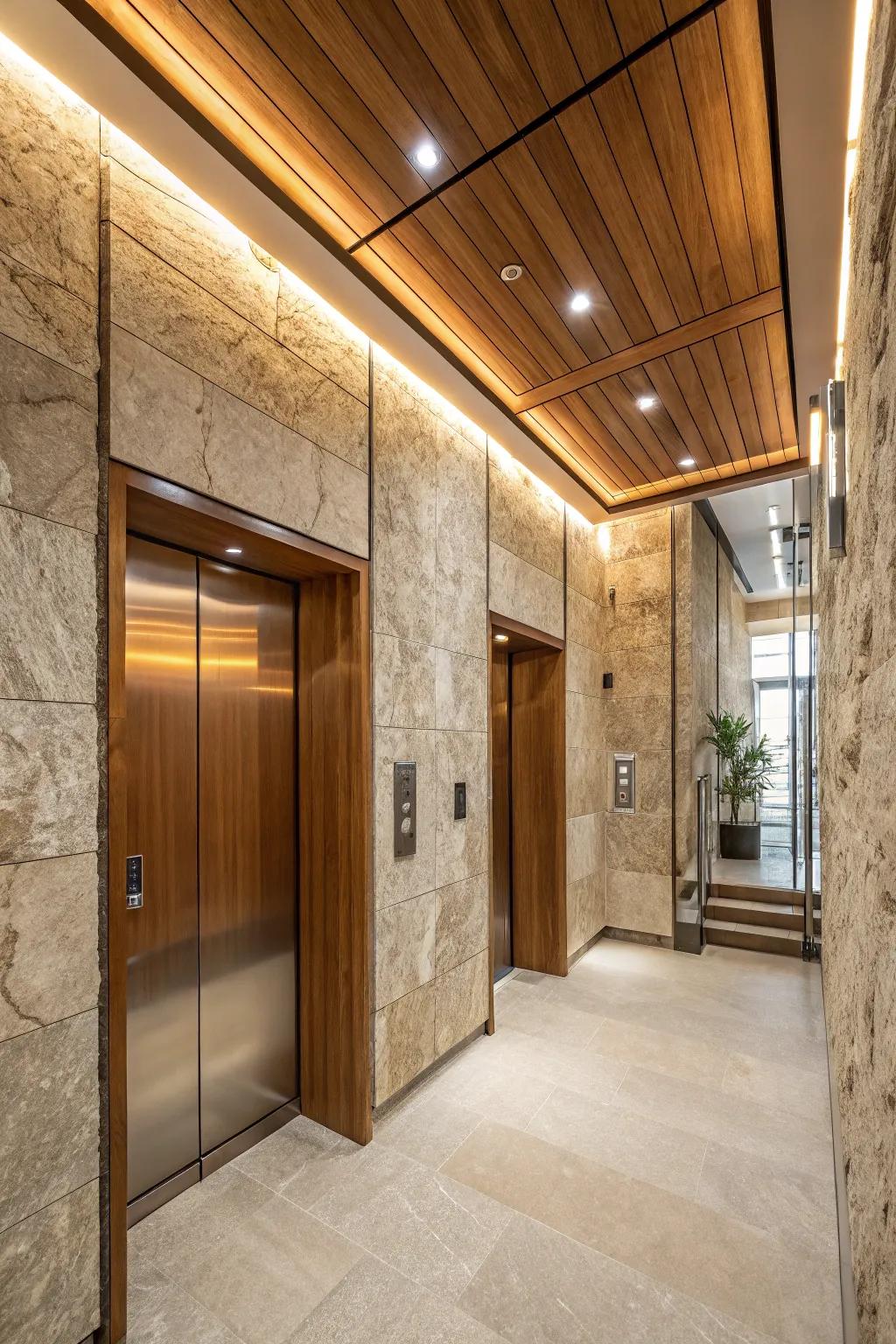Natural materials craft a warm, inviting elevator ambiance.
