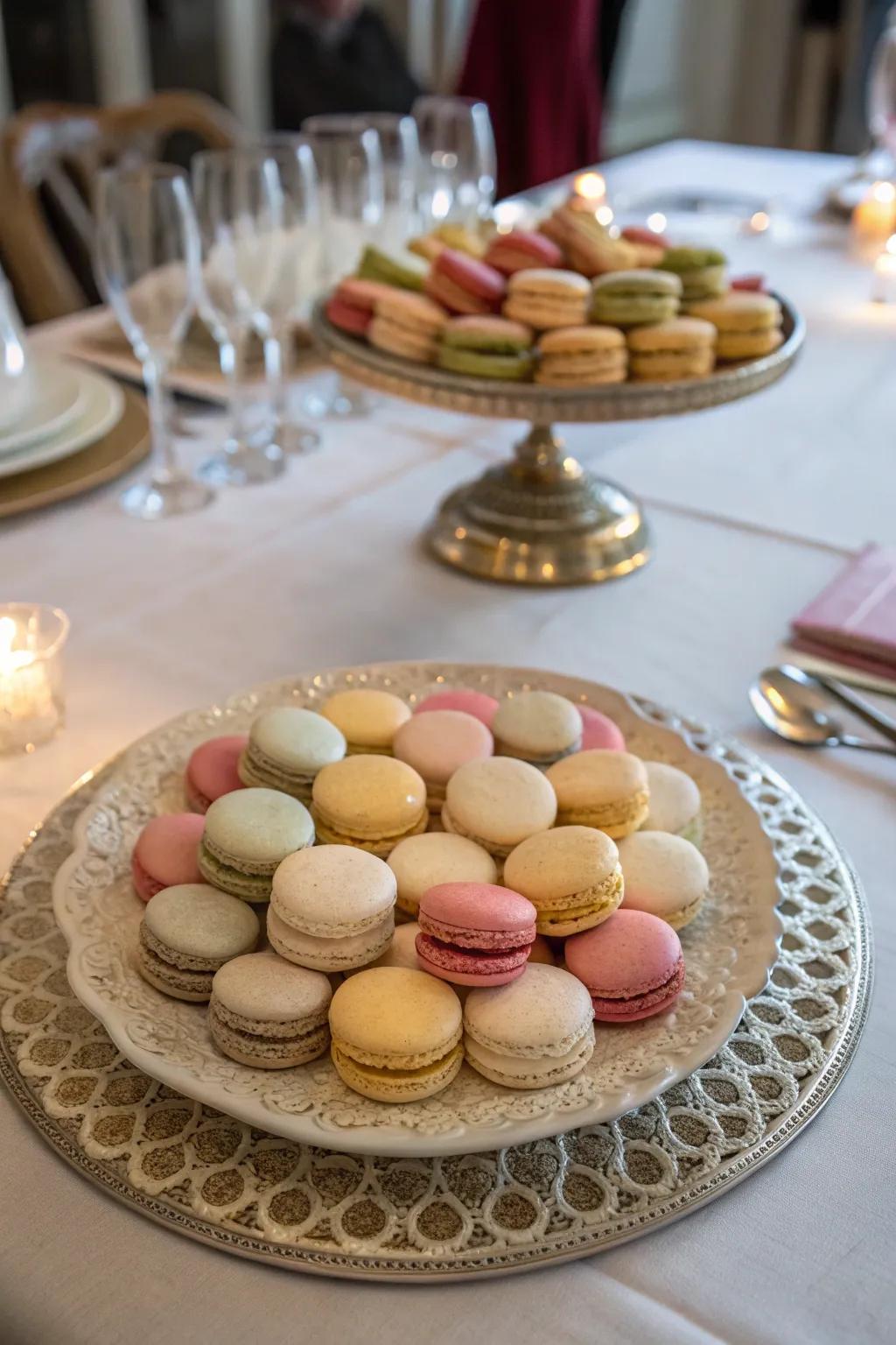 Macarons arranged on an ornamental platter.