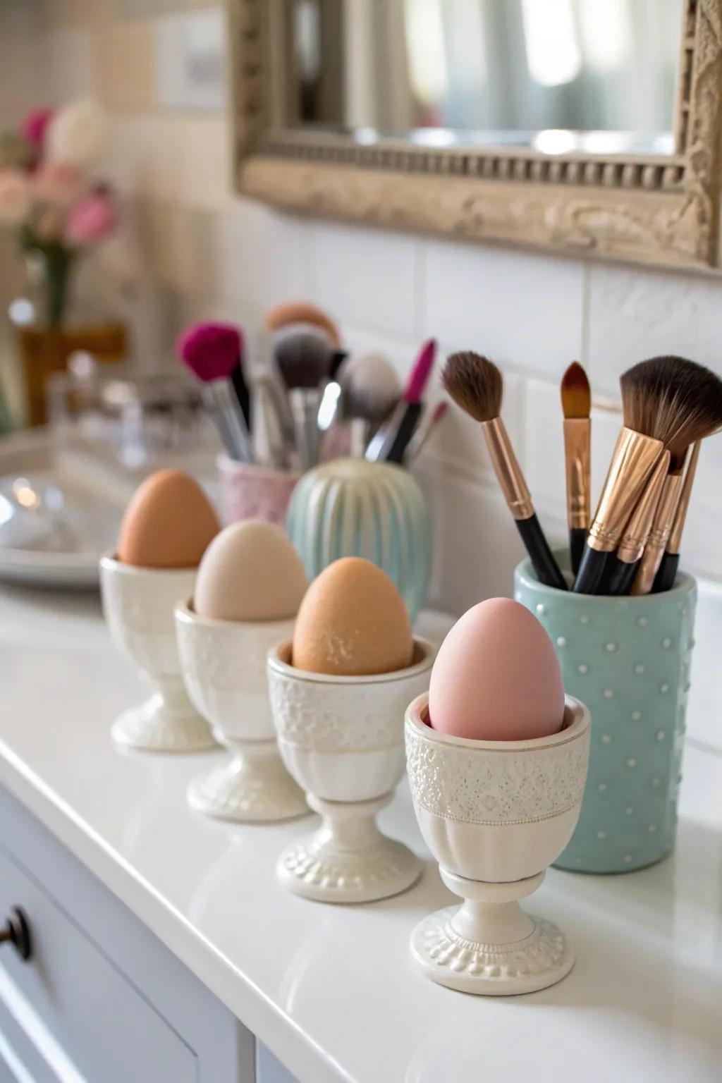 Egg racks offer a quirky and practical solution for applicator storage.
