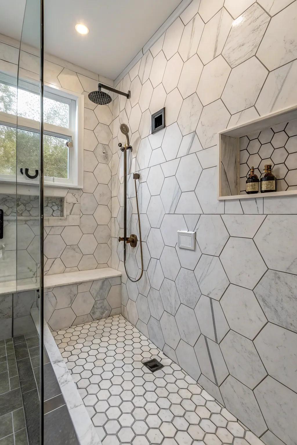 Shape tiles introduce a geometric touch to your shower.