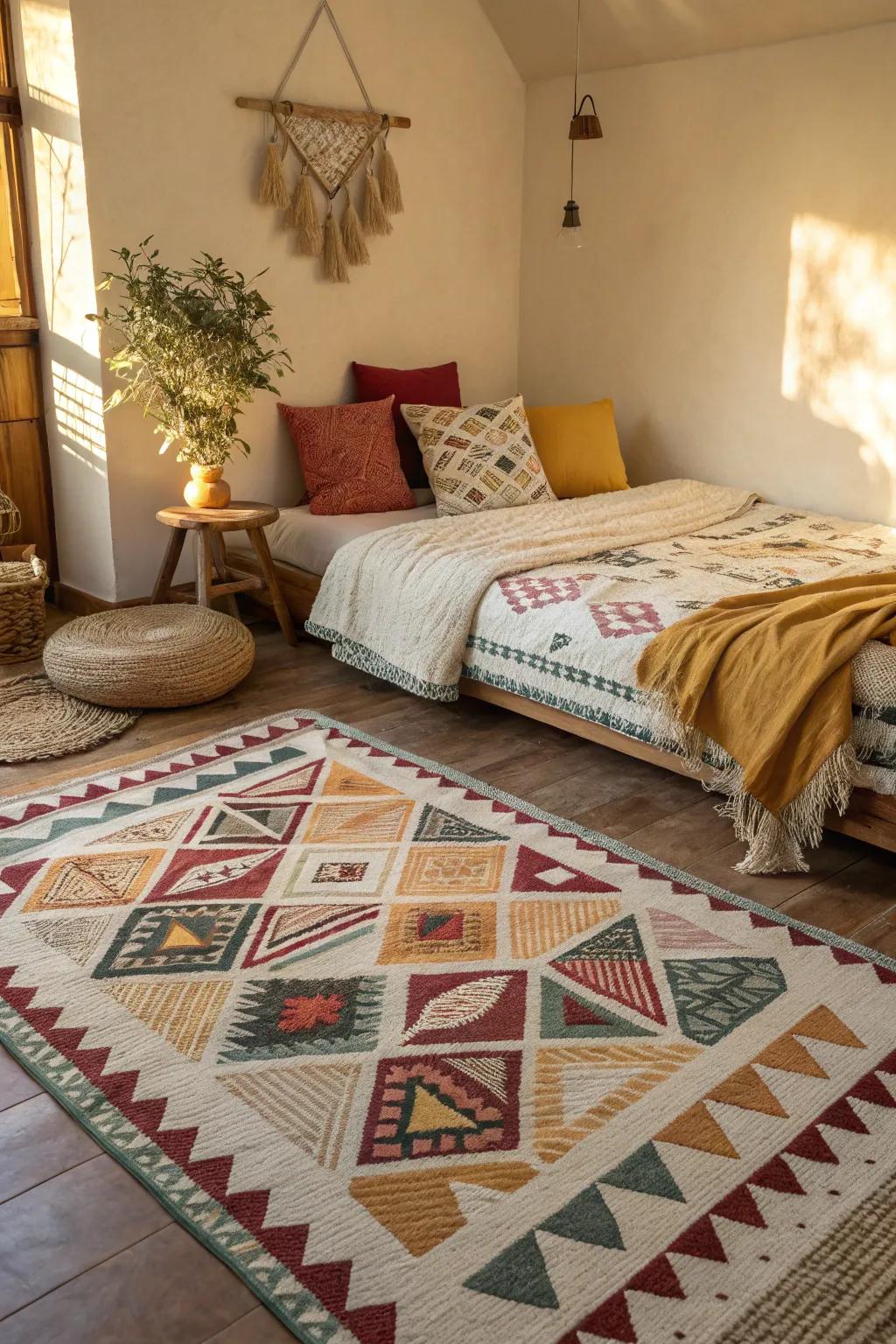 Shaped patterns add dynamic visual interest to the decor.