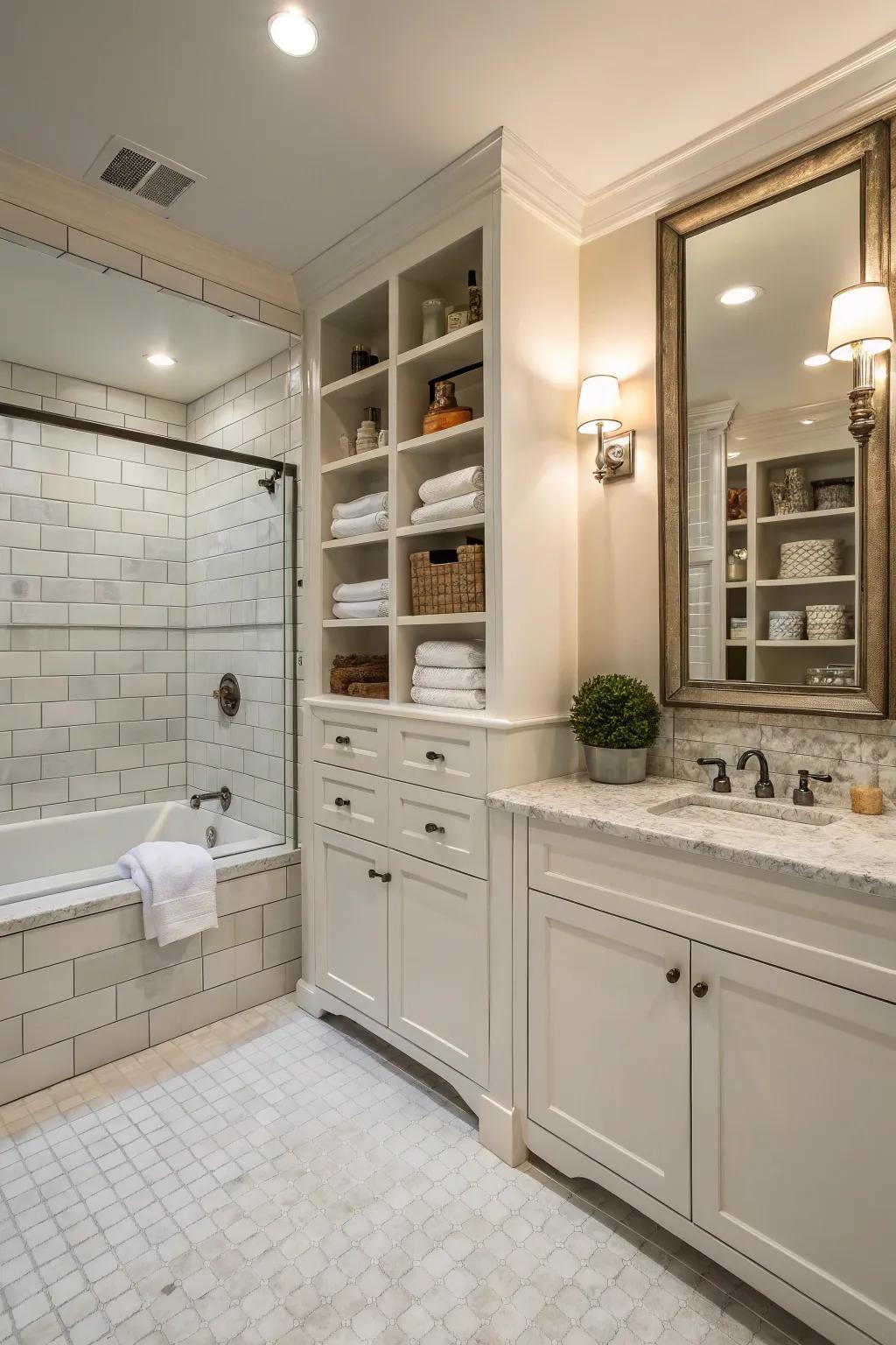 Built-in storage keeps this primary bathroom tidy and organized without compromising style.
