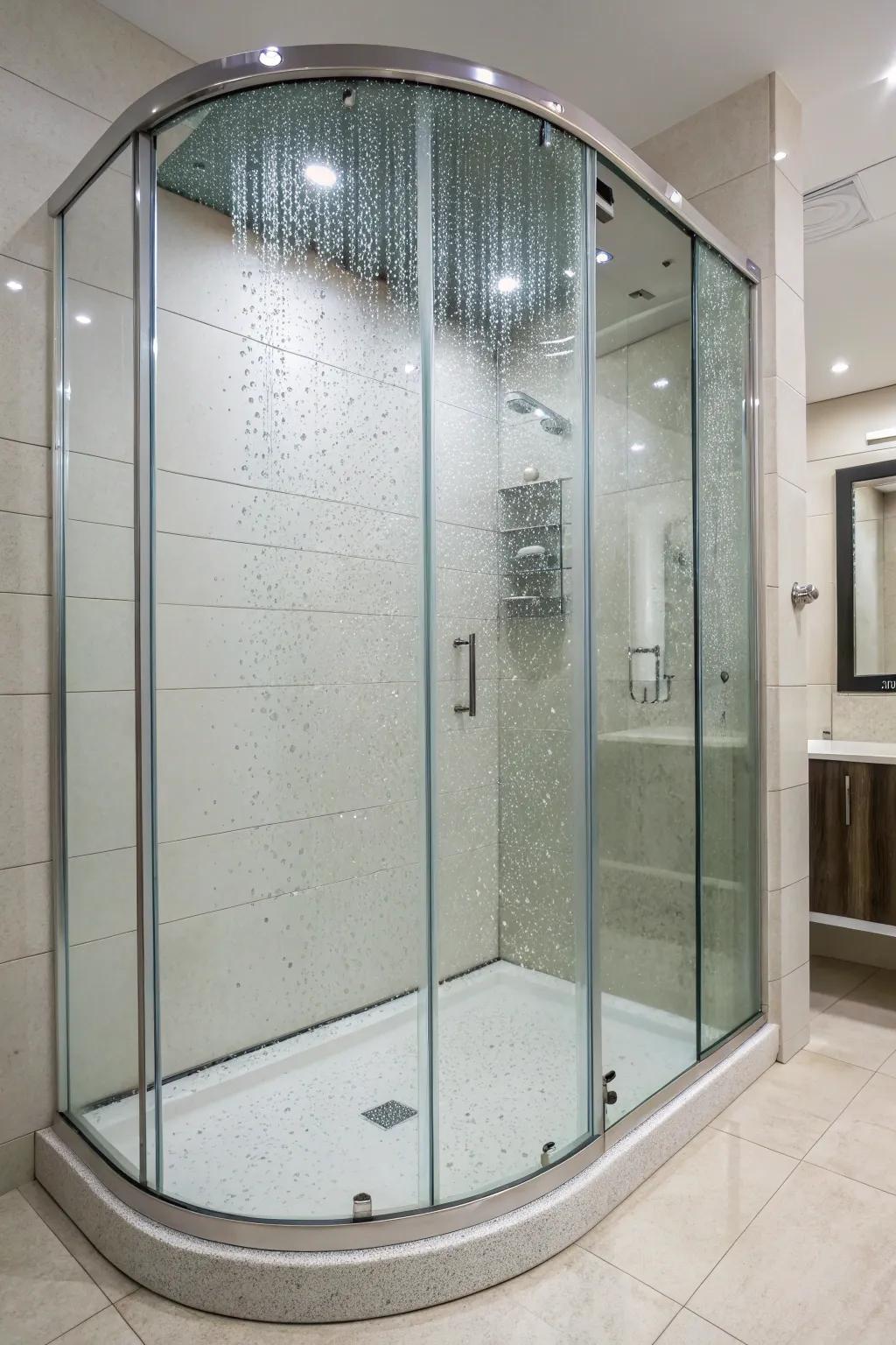 A creative bowed shower boundary for a unique feel.