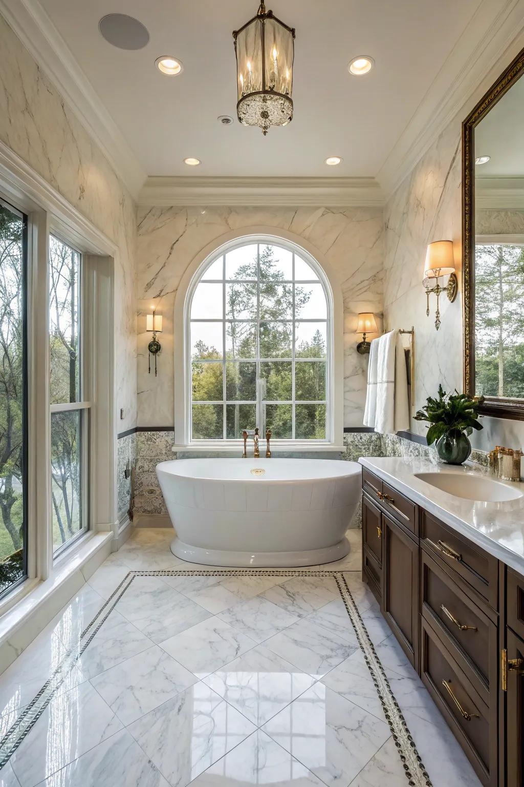 A freestanding whirlpool tub serves as the focal point in this primary bathroom.