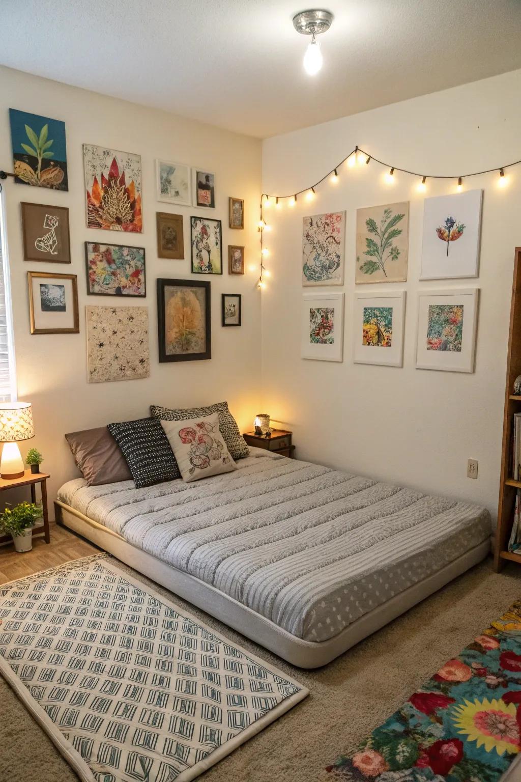 Wall art beautifully highlights the bed.