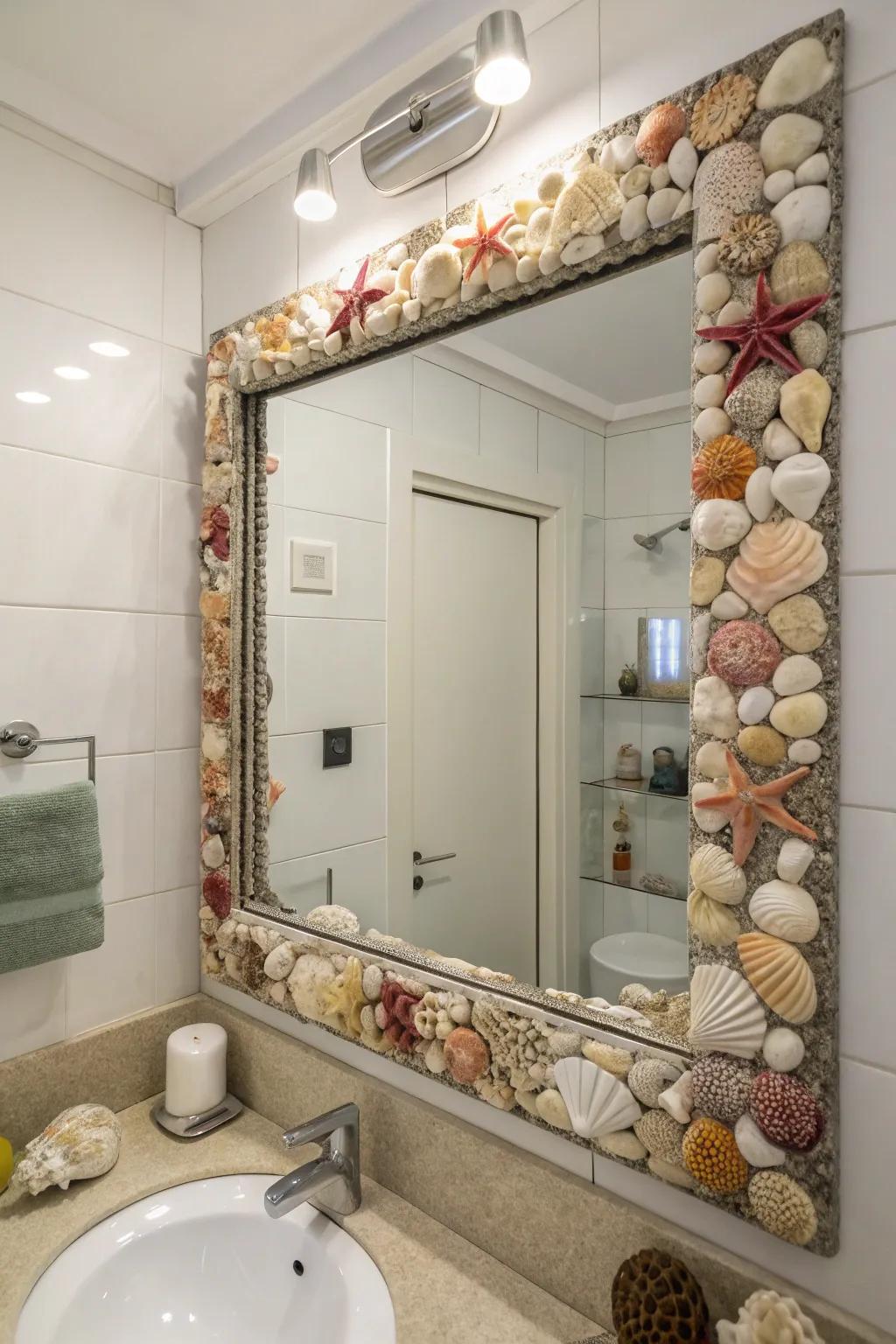 A seashell-framed mirror introduces a handmade touch to the decor.