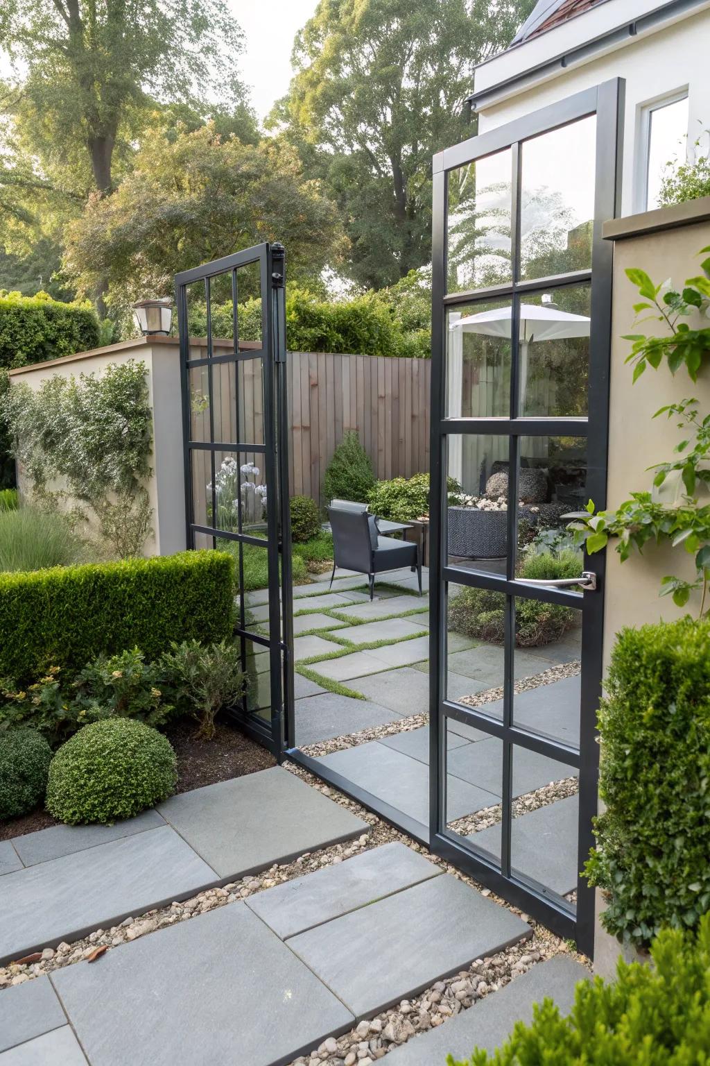 Glass panels in metal gates introduce a modern, airy touch.