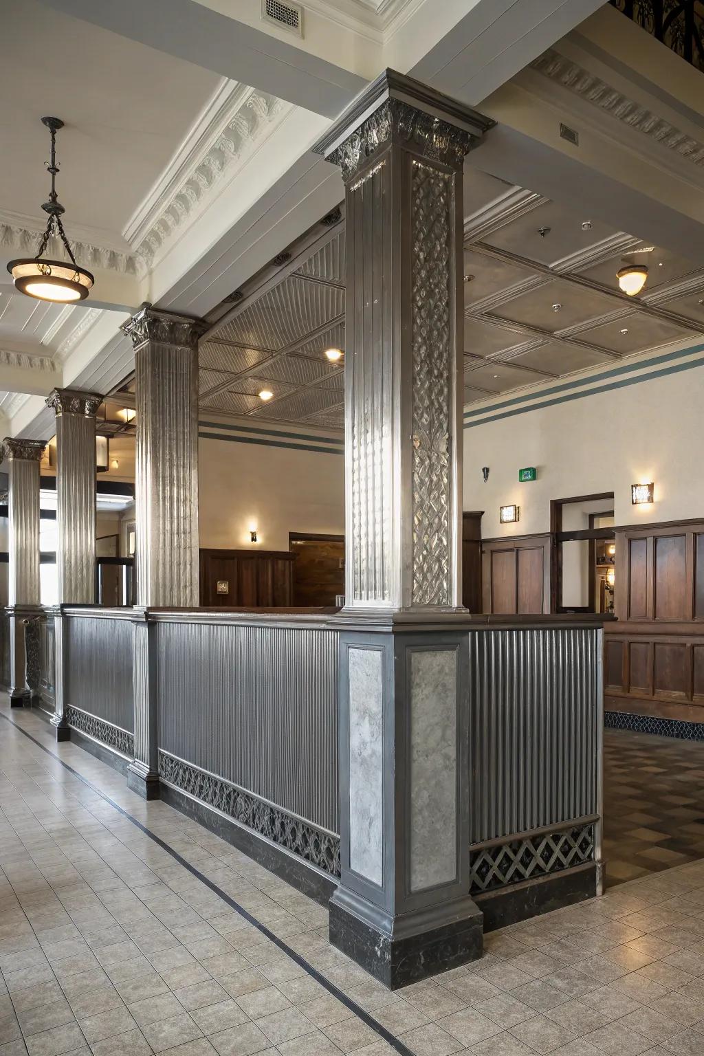 Introduce a distinctive element through encircling pillars with metal paneling.