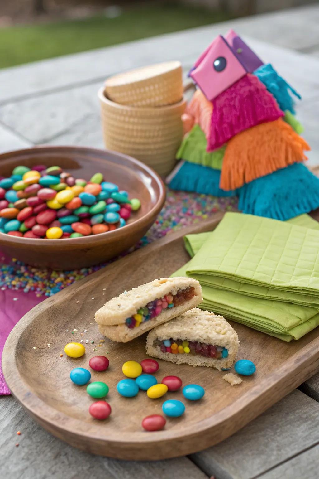 Indulge in the playful surprise of party cookies, a treat that adds fun and flavor to your candy buffet.