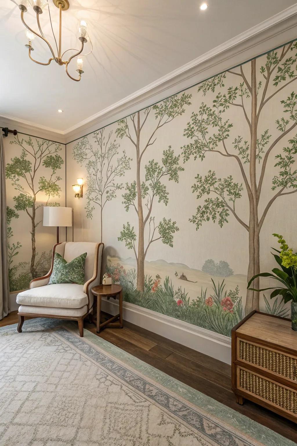 A serene room featuring mid-century wallpaper with nature-inspired elements.