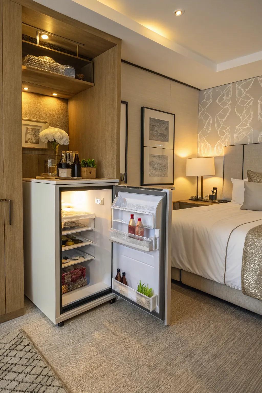 A concealed miniature refrigerator effortlessly hidden within bedroom furniture.
