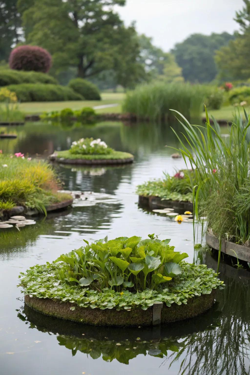 Drifting plant beds enhance the charm of a mini pond.