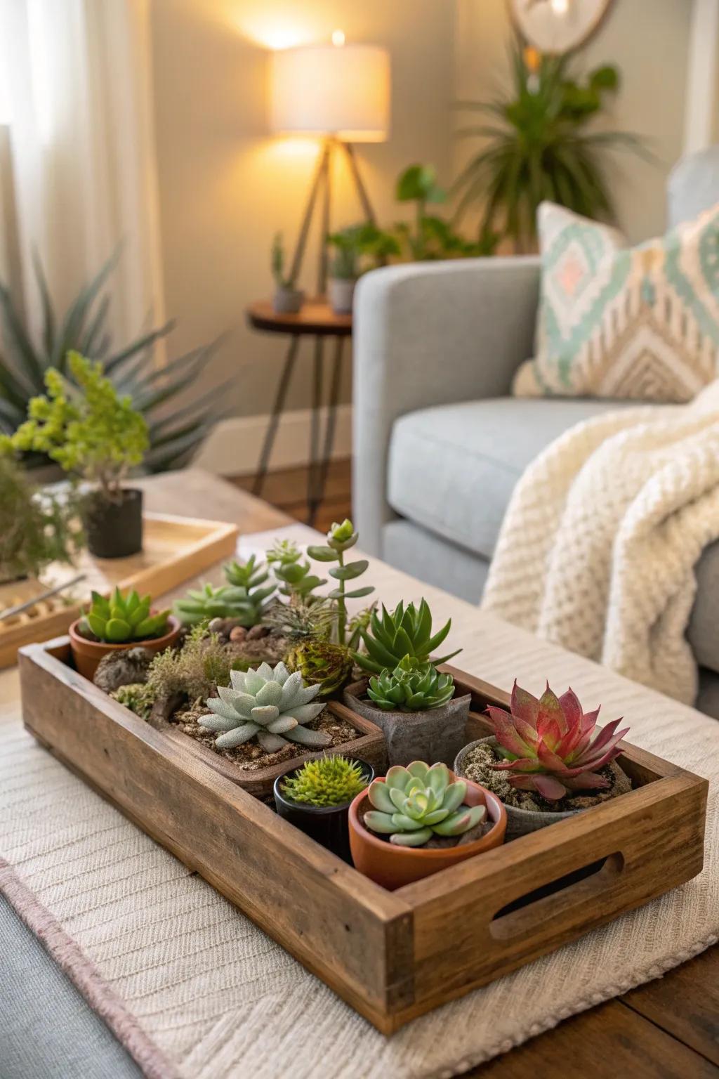 A succulent-filled tray brings warmth to any coffee table.