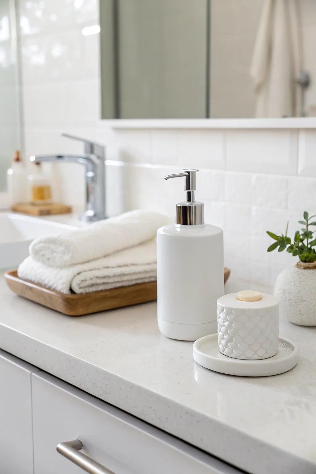 An all-white color scheme creates a fresh and spacious feel.