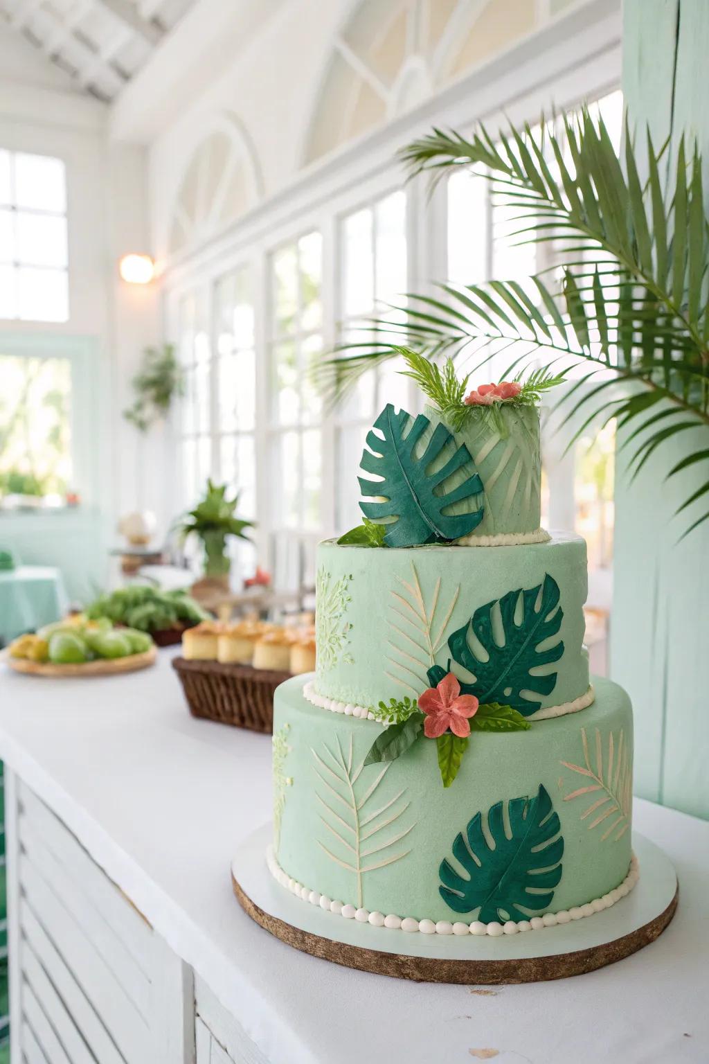 A chartreuse cake echoing tropical vibes and decorations.