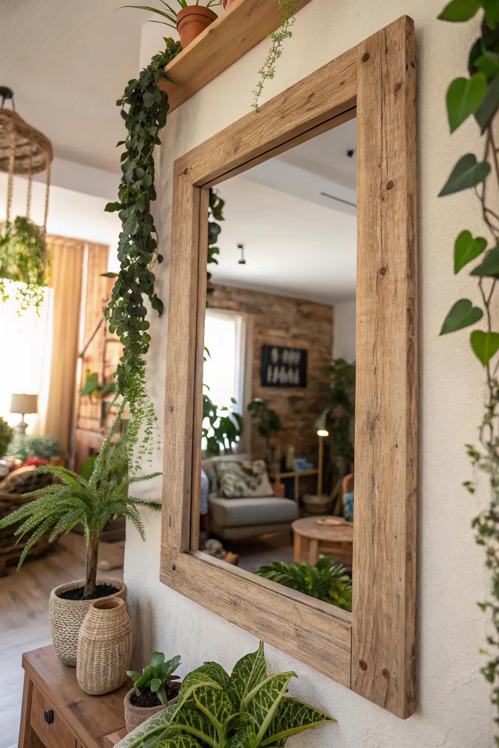 A reclaimed wood frame adds character to a sustainable living space.