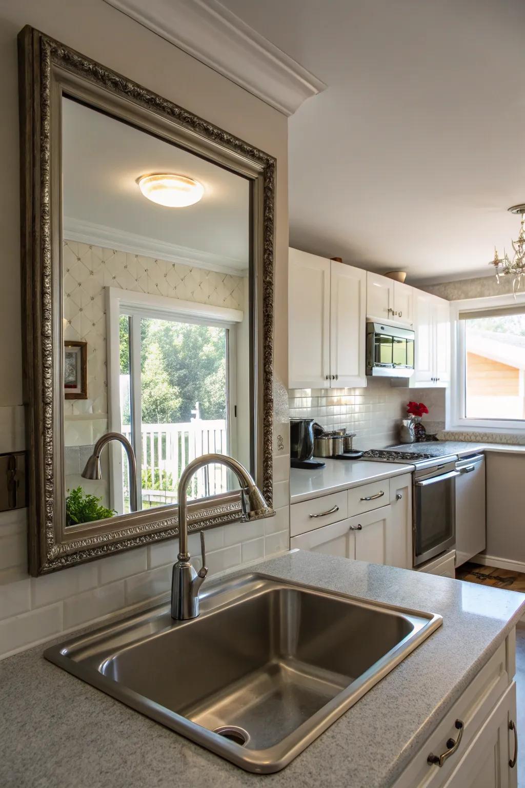 A mirror above the sink opening up the kitchen area.