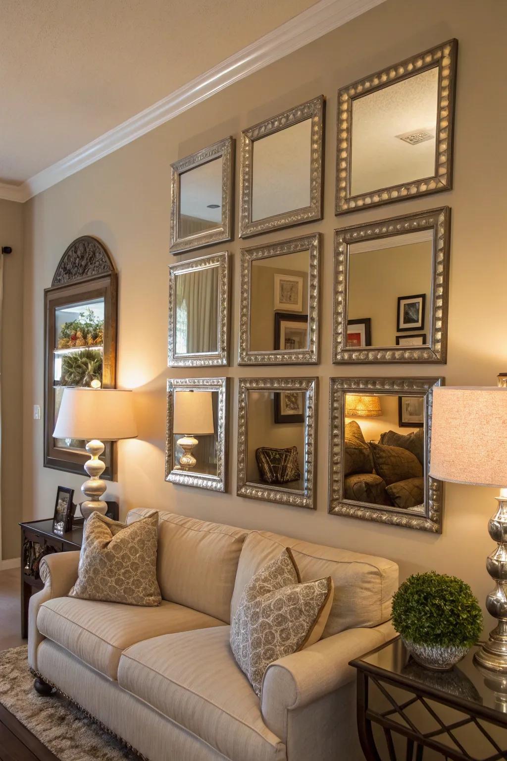 Layered mirrors create a refined, dynamic focal point.