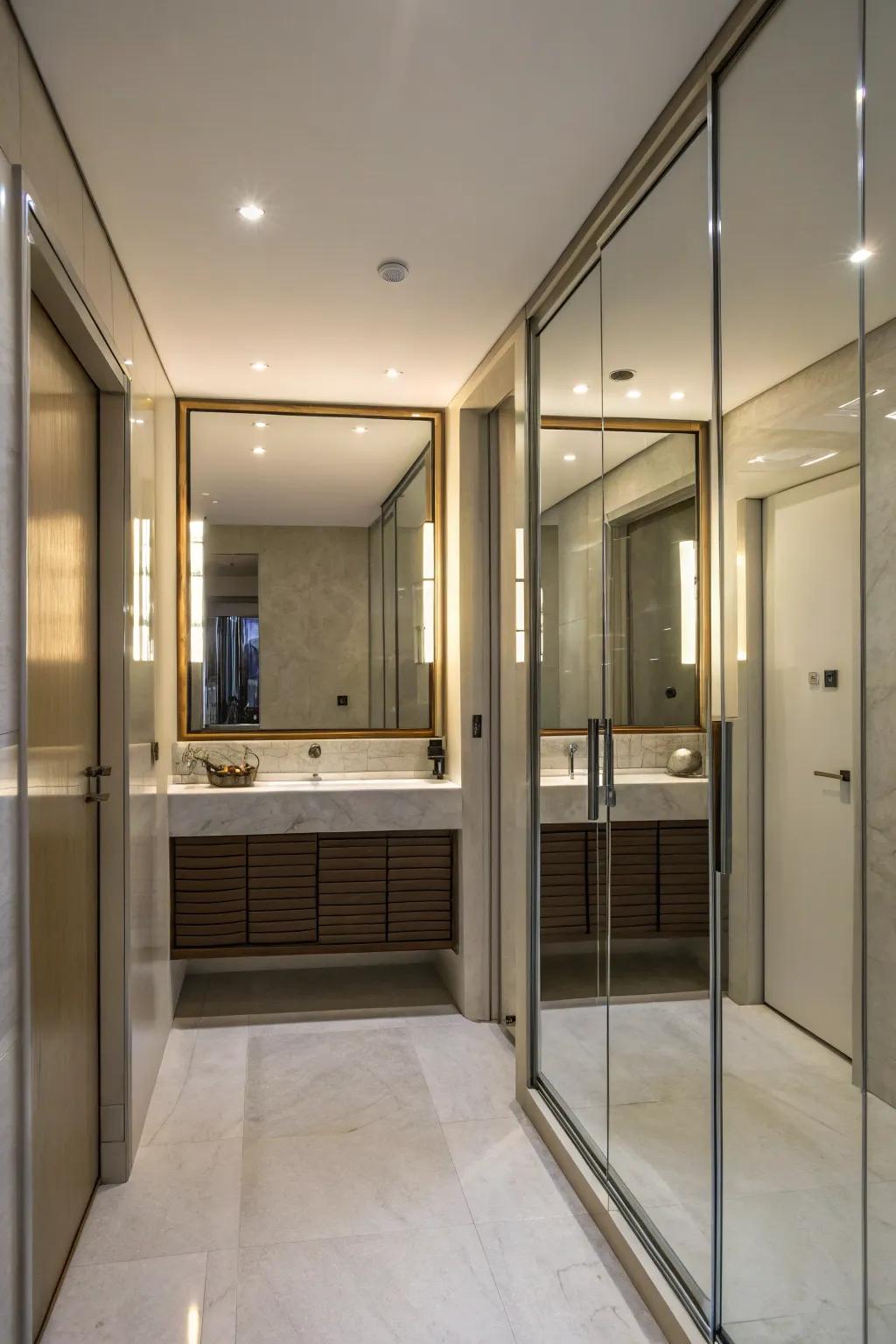 Make bathrooms feel expansive with mirrored closets.